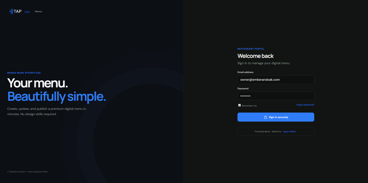 TapUSA Menu Manager Subscription