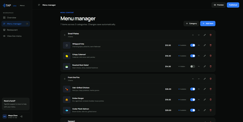 TapUSA Menu Manager Subscription