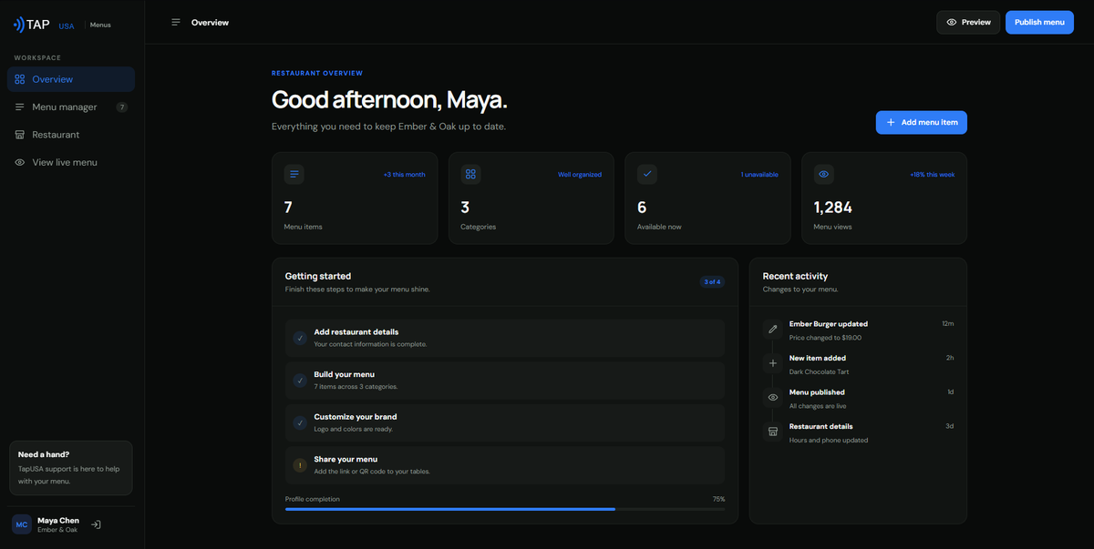 TapUSA Menu Manager Subscription